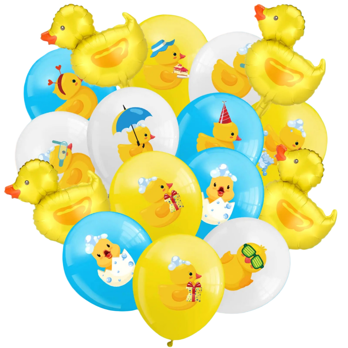 Collection of balloons featuring rubber duck designs on a white background