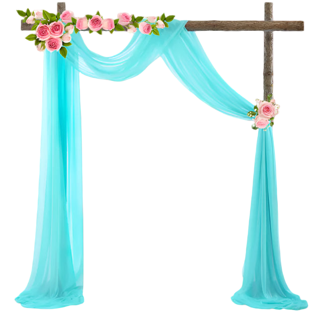 Turquoise fabric draped over a wooden cross with pink flowers on a white background