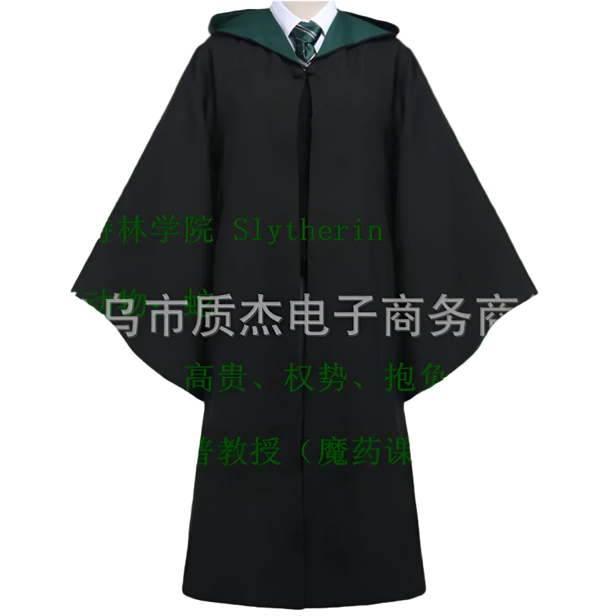 Black robe with green hood and tie on a white background