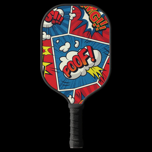 Pickleball paddle with comic book-style design on a white background
