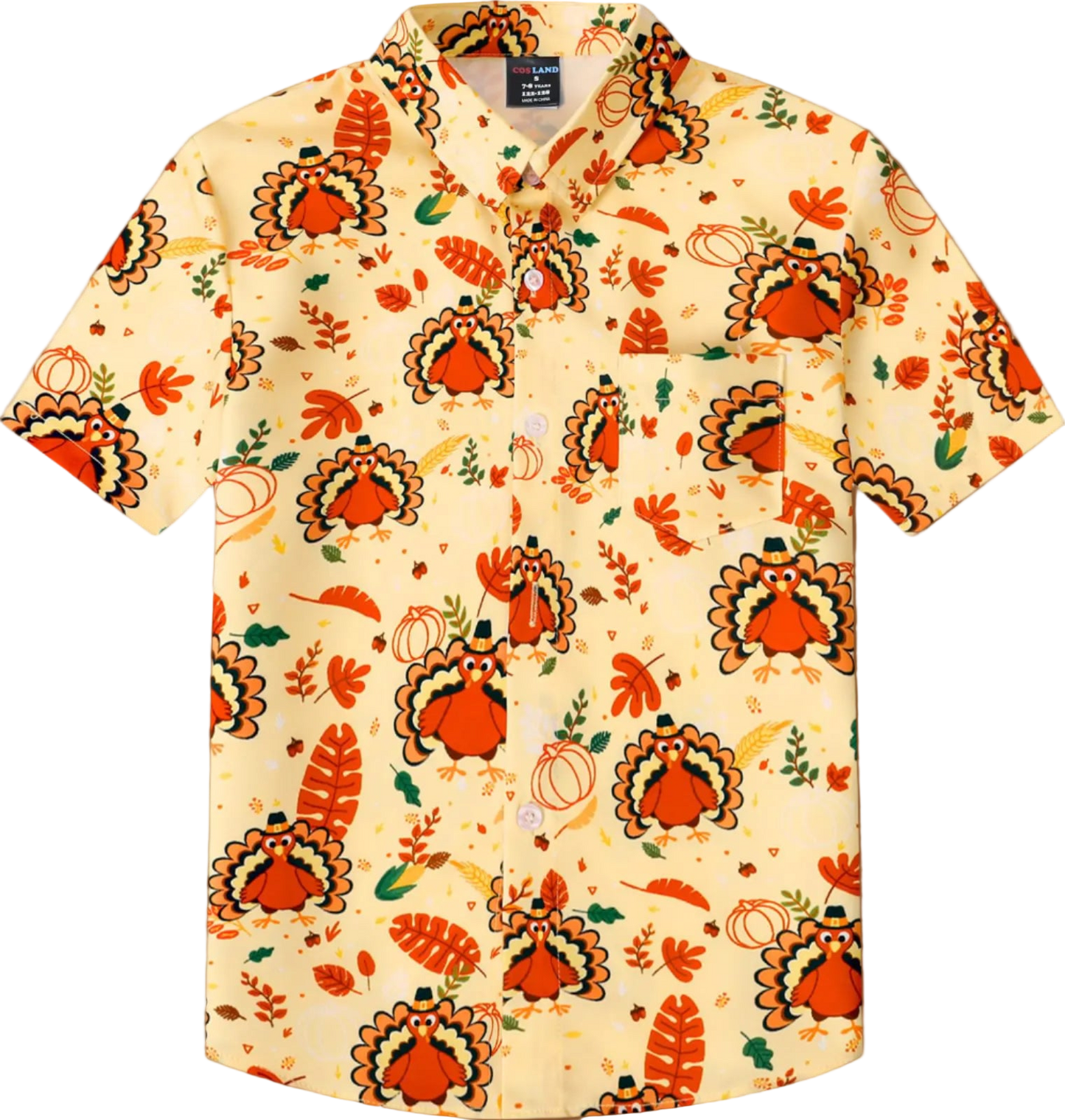 Beige shirt with Thanksgiving-themed turkey and leaf pattern on a white background