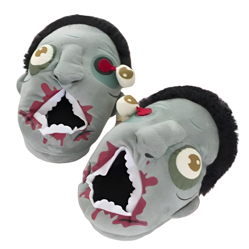 Pair of zombie-themed slippers on a white background