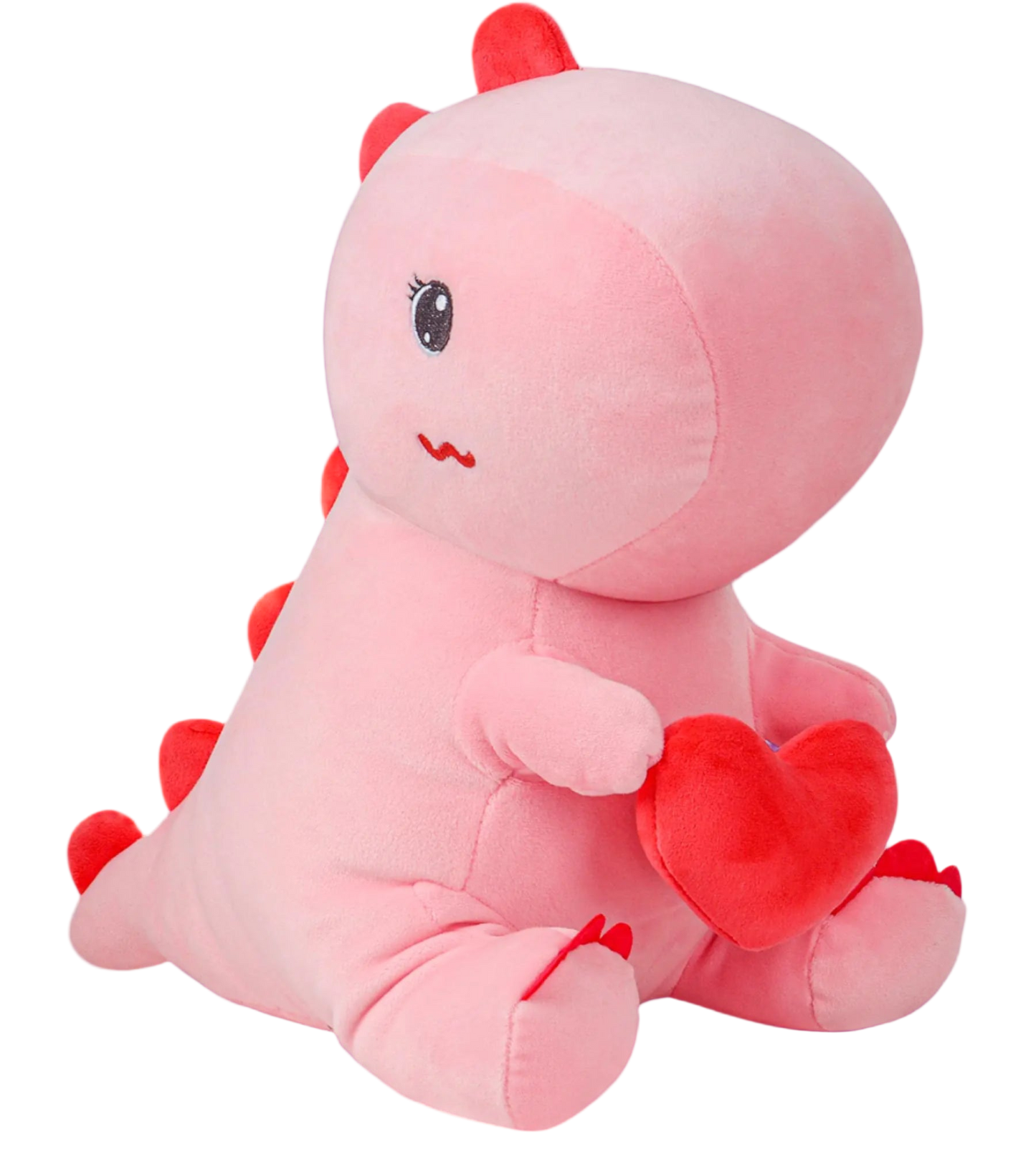 Pink plush toy with red heart and tail on a white background