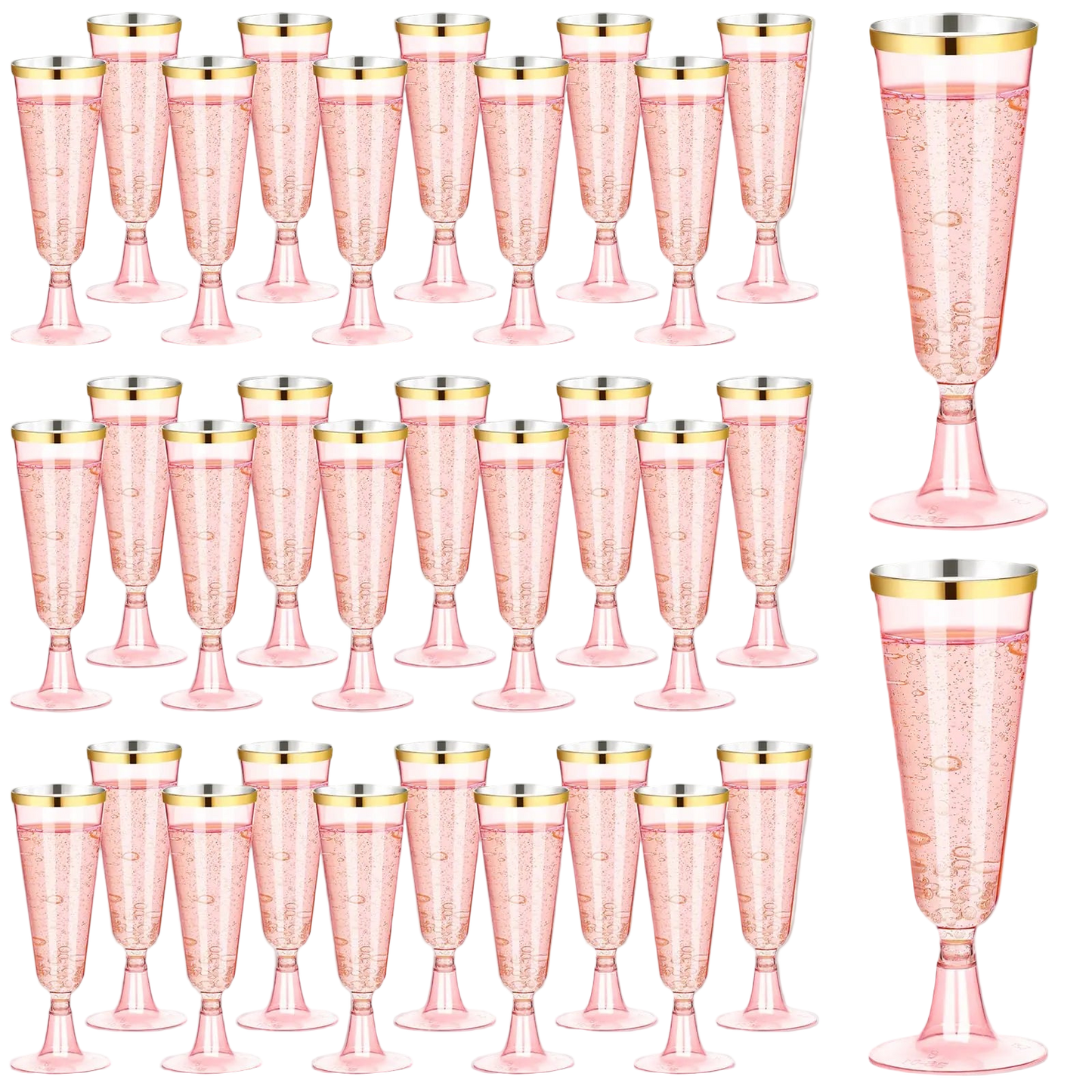 Set of pink champagne flutes with gold rims on a white background