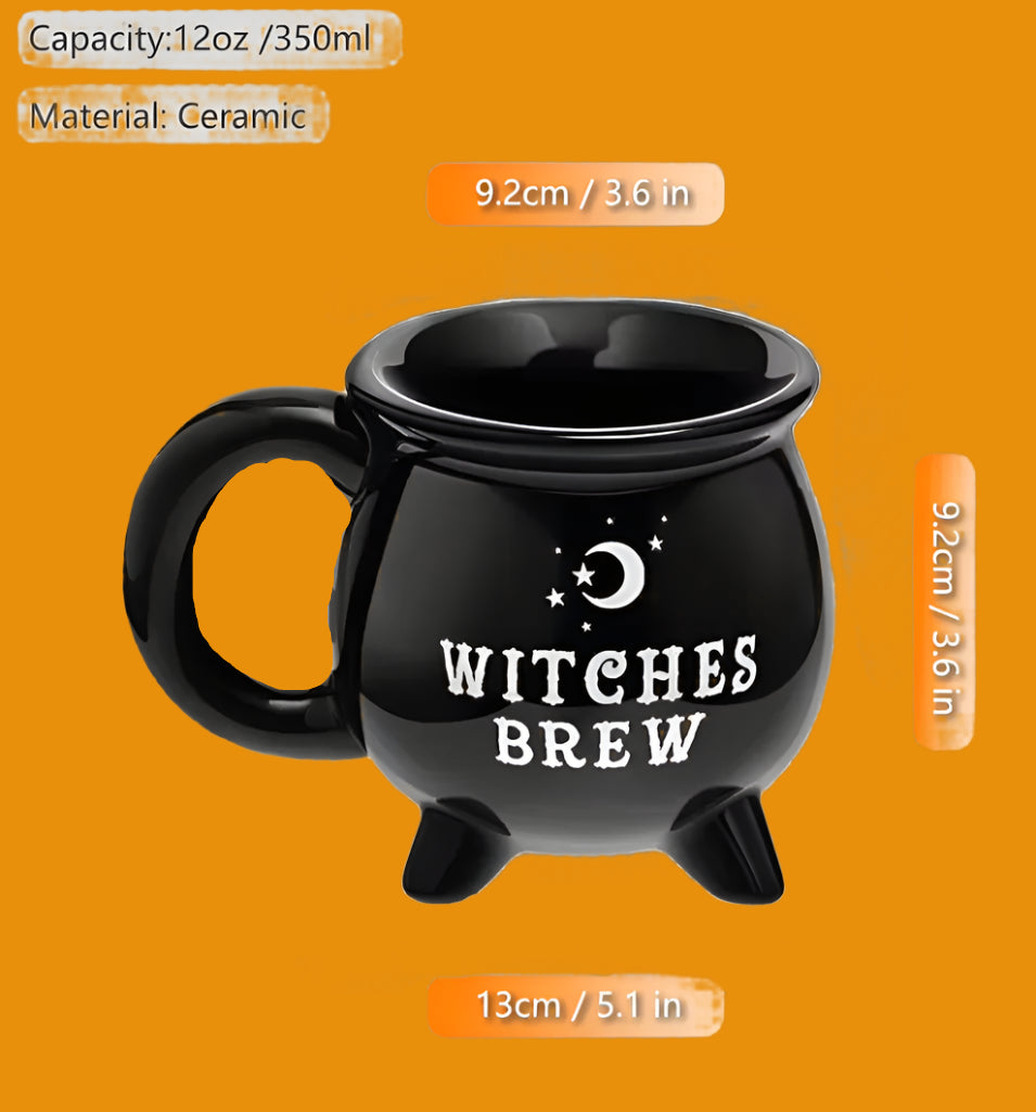Black ceramic mug with 'Witches Brew' text and measurements on a white background