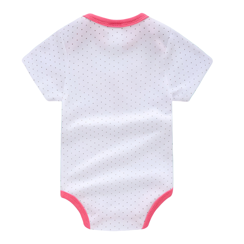 White baby onesie with pink trim on a white background