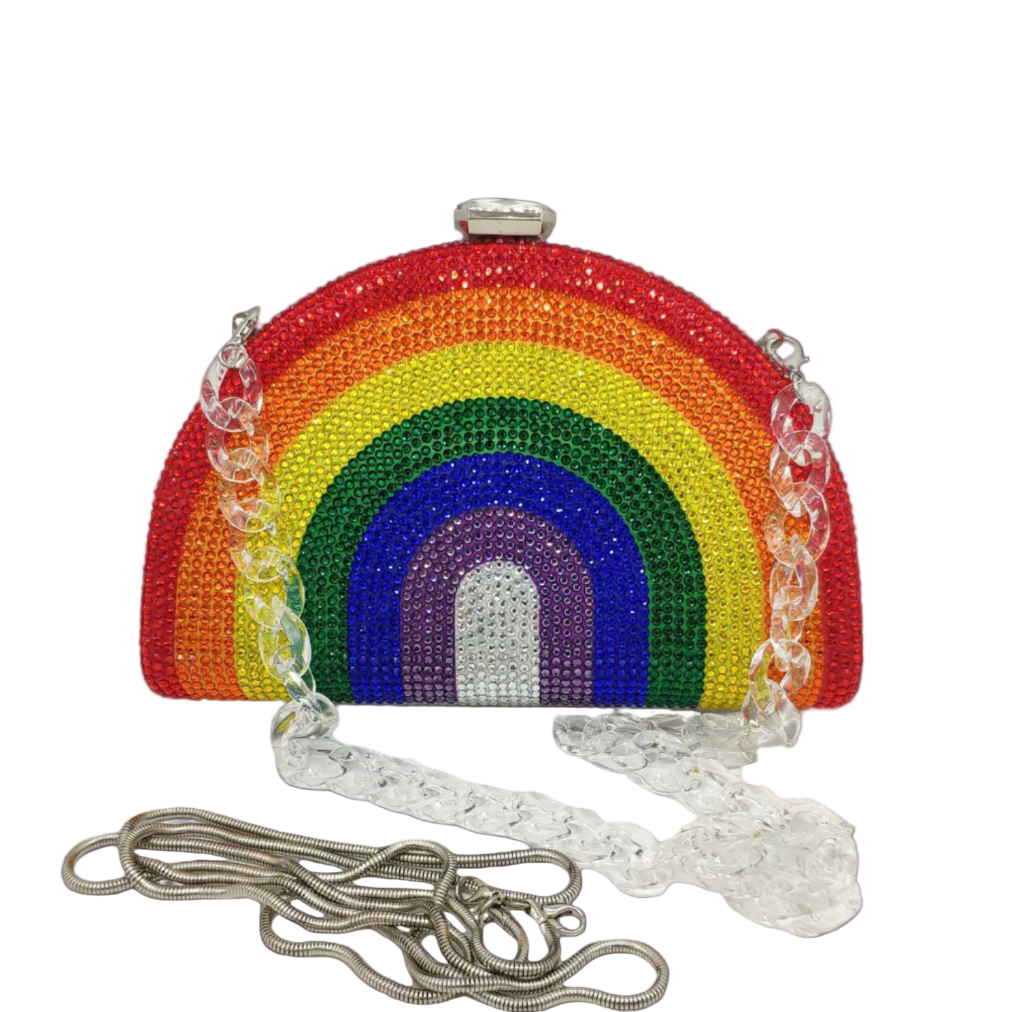 Rainbow-colored beaded handbag with a clear chain strap on a white background