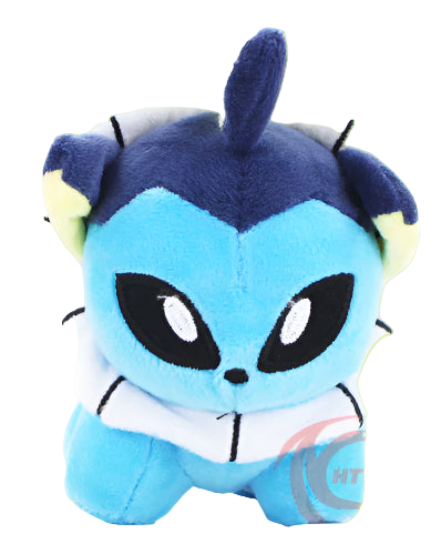 Blue plush toy with black accents on a white background