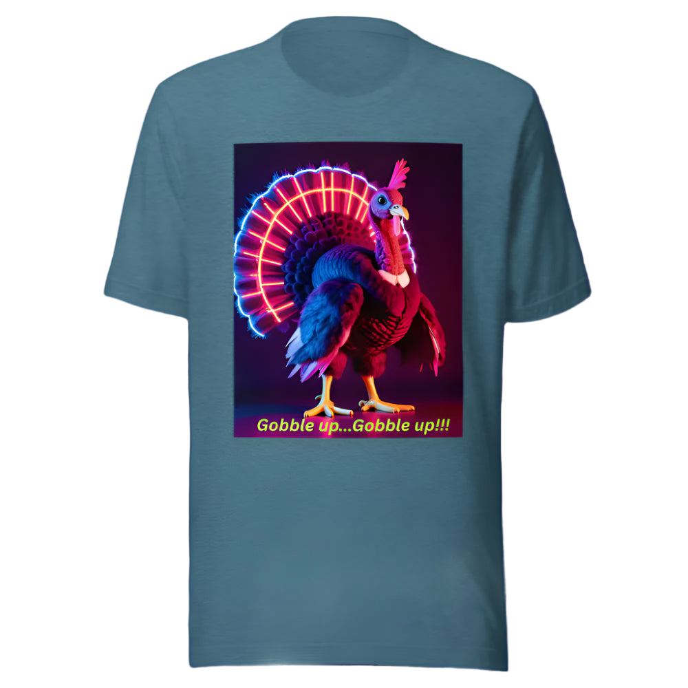 Blue t-shirt with a colorful turkey graphic and text on a white background