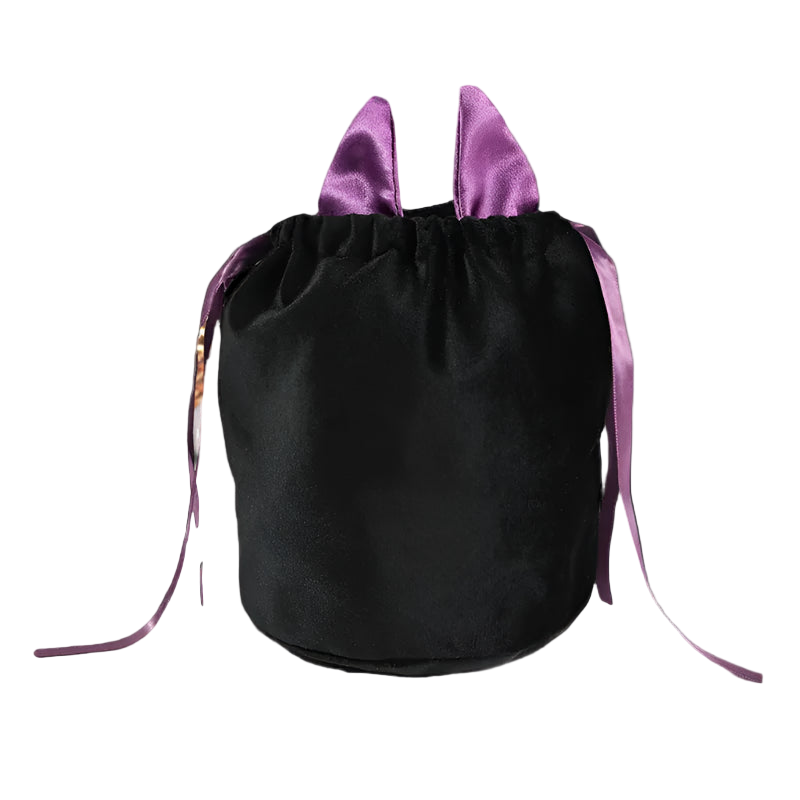 Black drawstring bag with purple accents on a white background