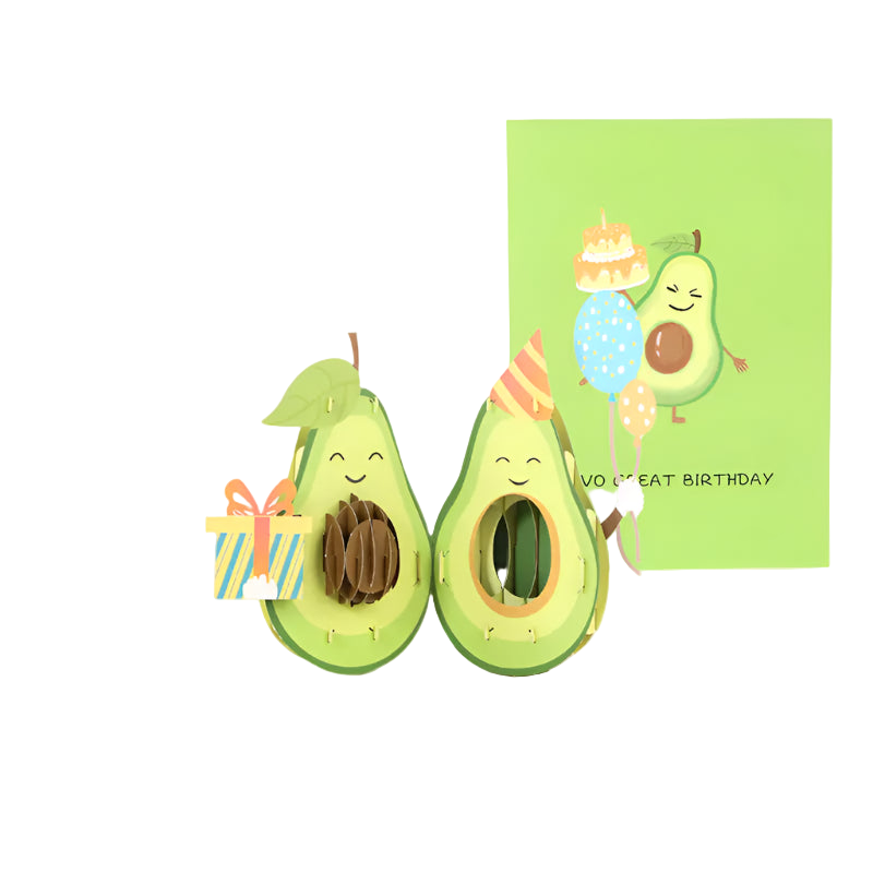 Avocado-themed pop-up card with a smiling avocado and a birthday card in the background.
