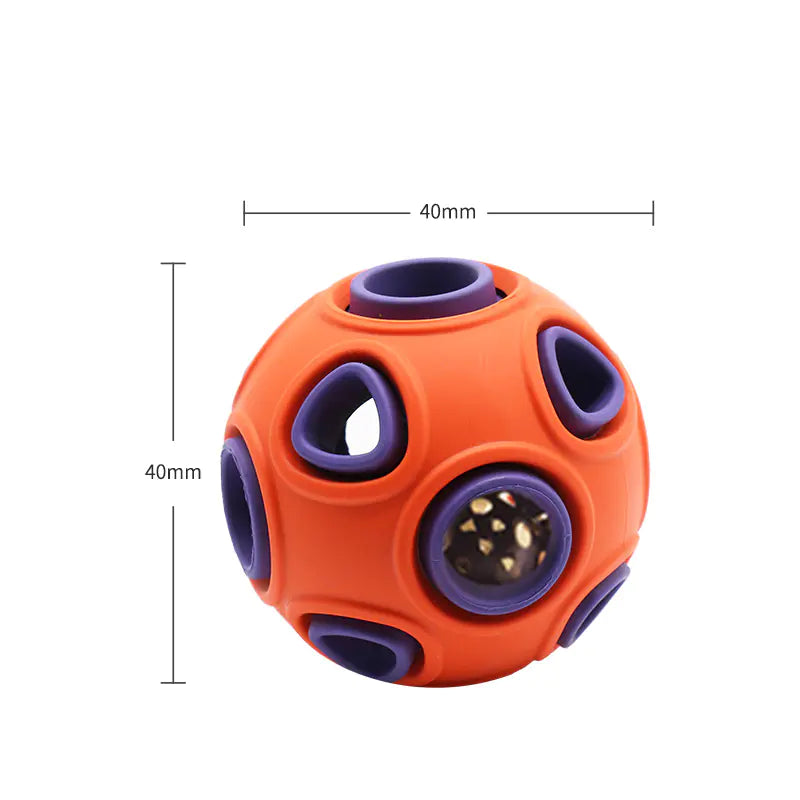 Orange and purple ball-shaped puzzle toy with measurements on a white background