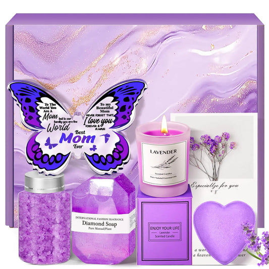 Purple gift set with lavender scented candle, soap, and heart-shaped item on a white background