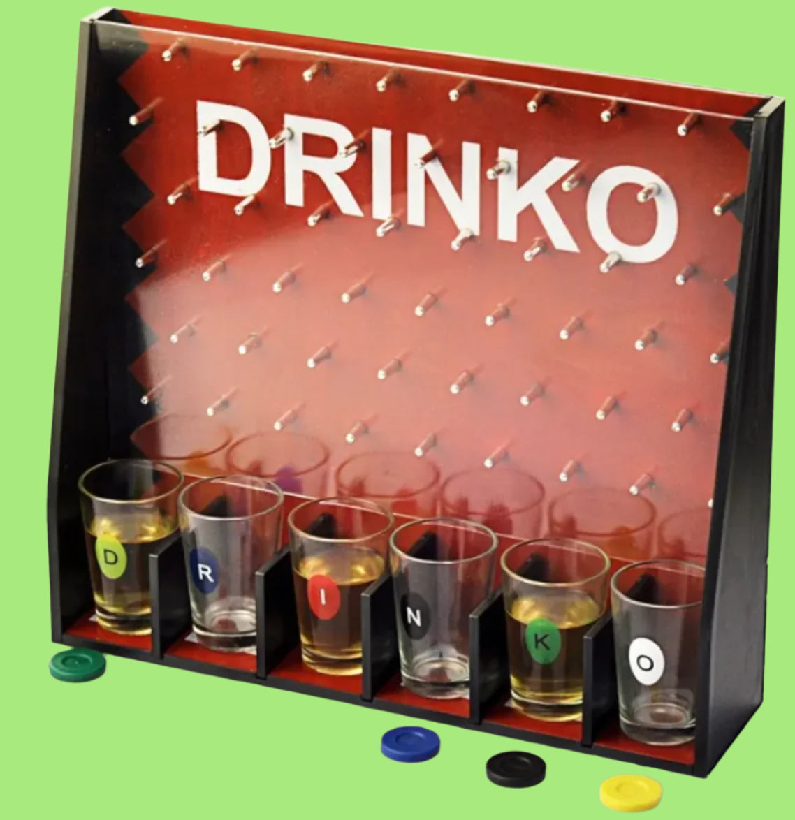 DRINKO game set with shot glasses and markers on a white background