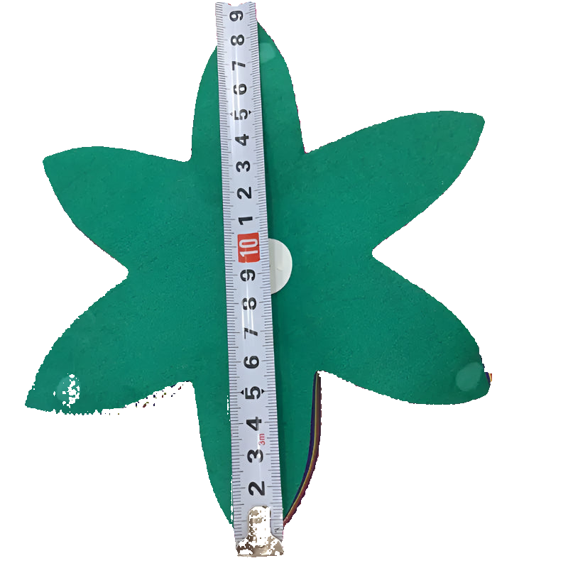 Green leaf-shaped object with a measuring tape for scale on a white background