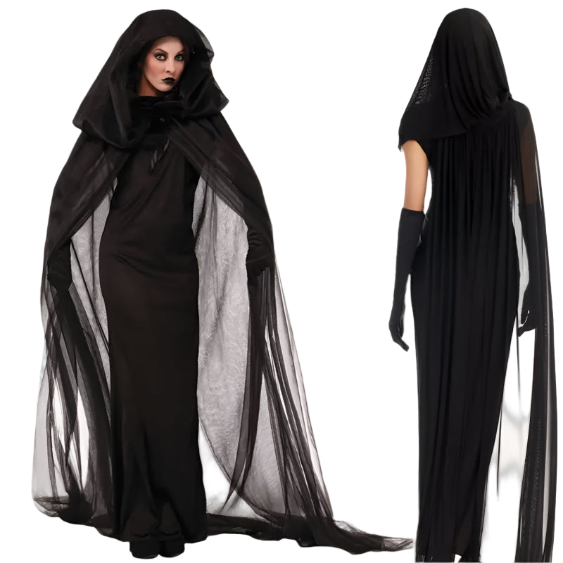 Black hooded costume with sheer overlay on a white background