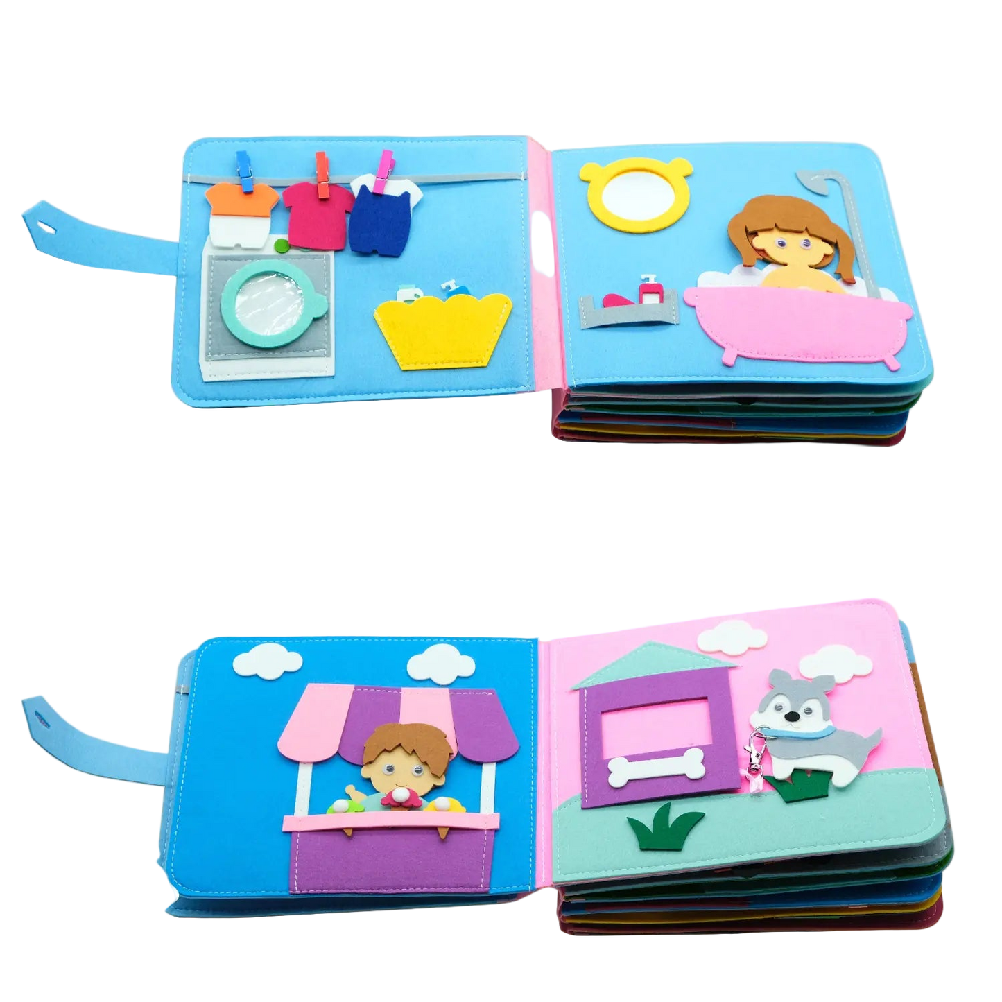 Children's educational book with felt activities on a pink background