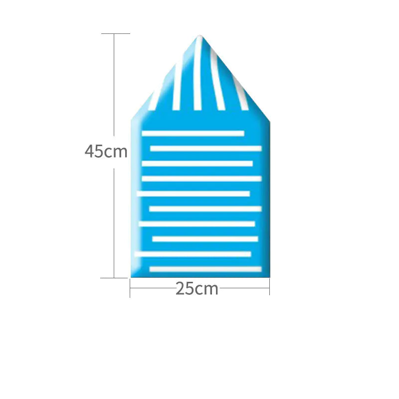 Blue geometric shape with measurements on a white background