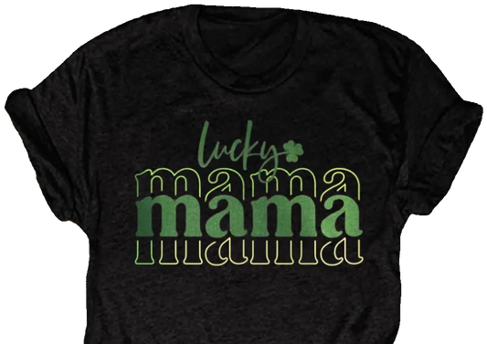 Black t-shirt with 'lucky mama' text in green on a white background