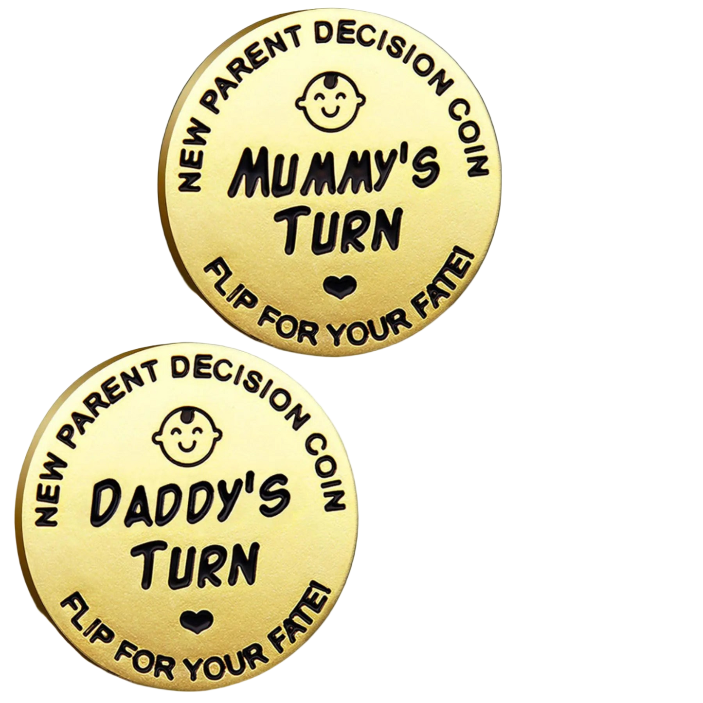 Gold decision coins with 'Mummy's Turn' and 'Daddy's Turn' text, held by a hand.