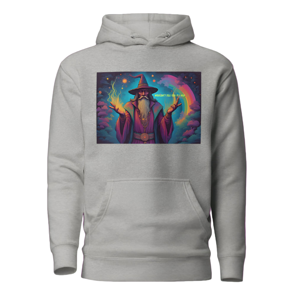 Gray hoodie with a colorful wizard graphic on a white background
