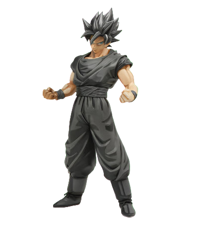 Action figure in a gray outfit with spiky hair on a white background