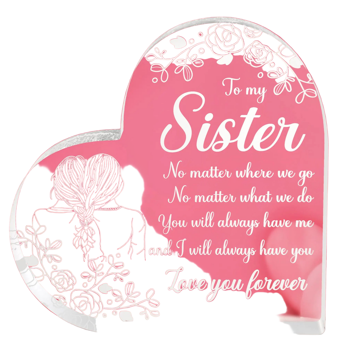 Heart-shaped glass plaque with sister message on a pink background