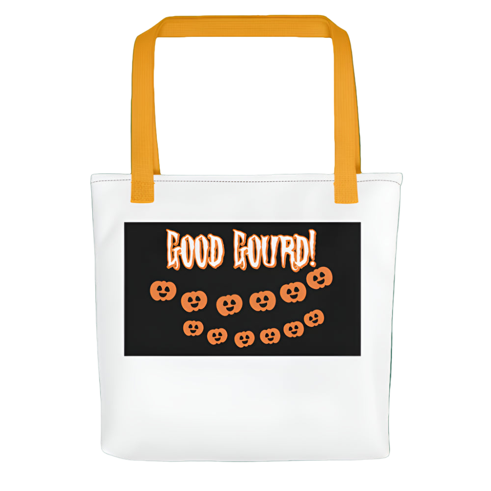 Tote bag with 'Good Gourd!' text and pumpkin graphics on a black background, yellow handles.
