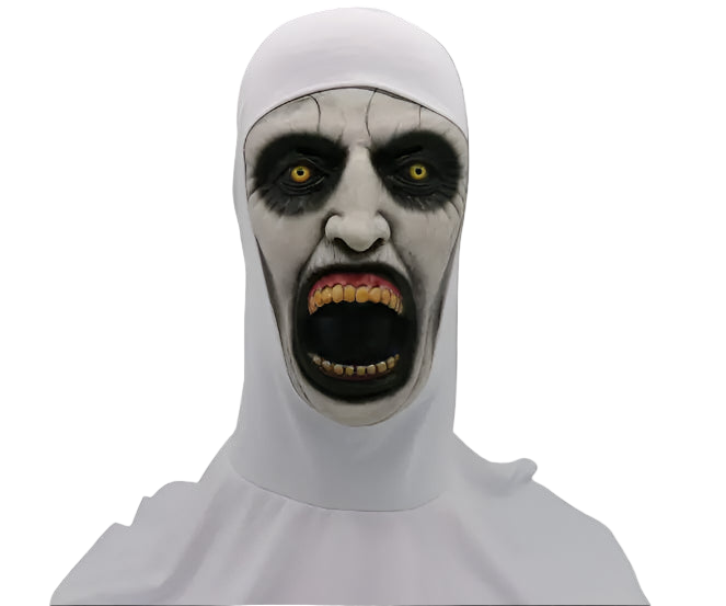 Halloween mask with a white hood and detailed face on a white background