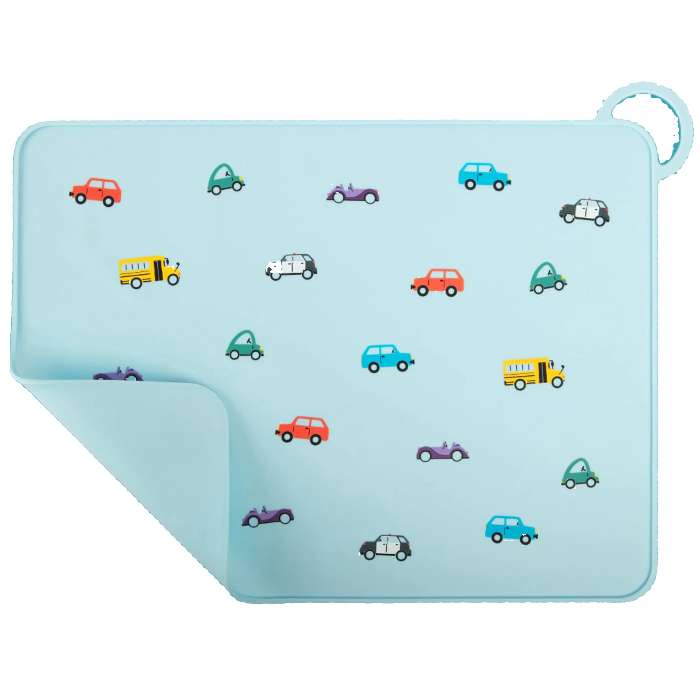 Blue mat with colorful car illustrations on a white background