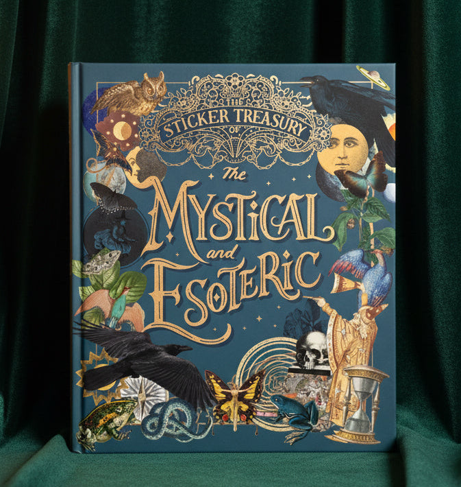 The front cover of 'The Sticker Treasury of The Mystical and Esoteric' book, featuring a rich collage of vintage mystical illustrations including crows, a skull, a butterfly, a frog, a snake, and a woman's face on a textured blue background.