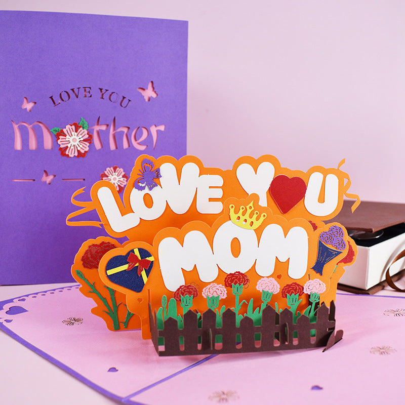 3D pop-up card with 'Love You Mom' text on a purple background