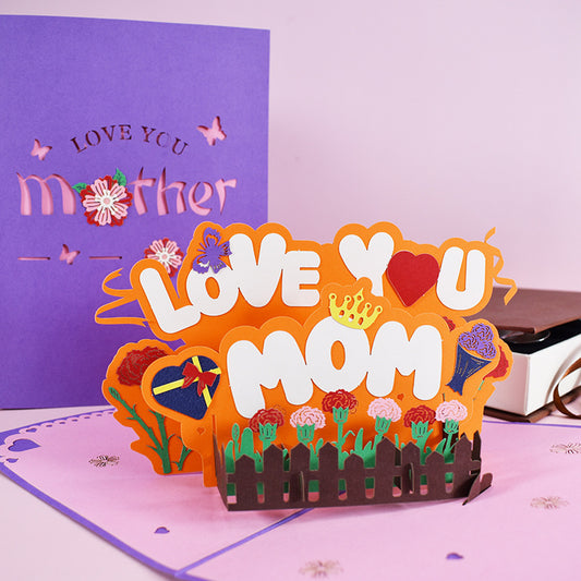 3D pop-up card with 'Love You Mom' text on a purple background