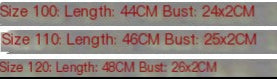 Measurement chart showing lengths and bust sizes for different size categories.