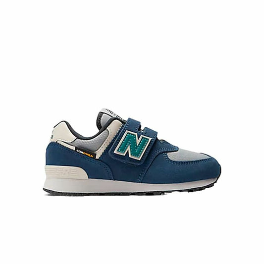 Blue children's sneaker with a green 'N' logo on a white background