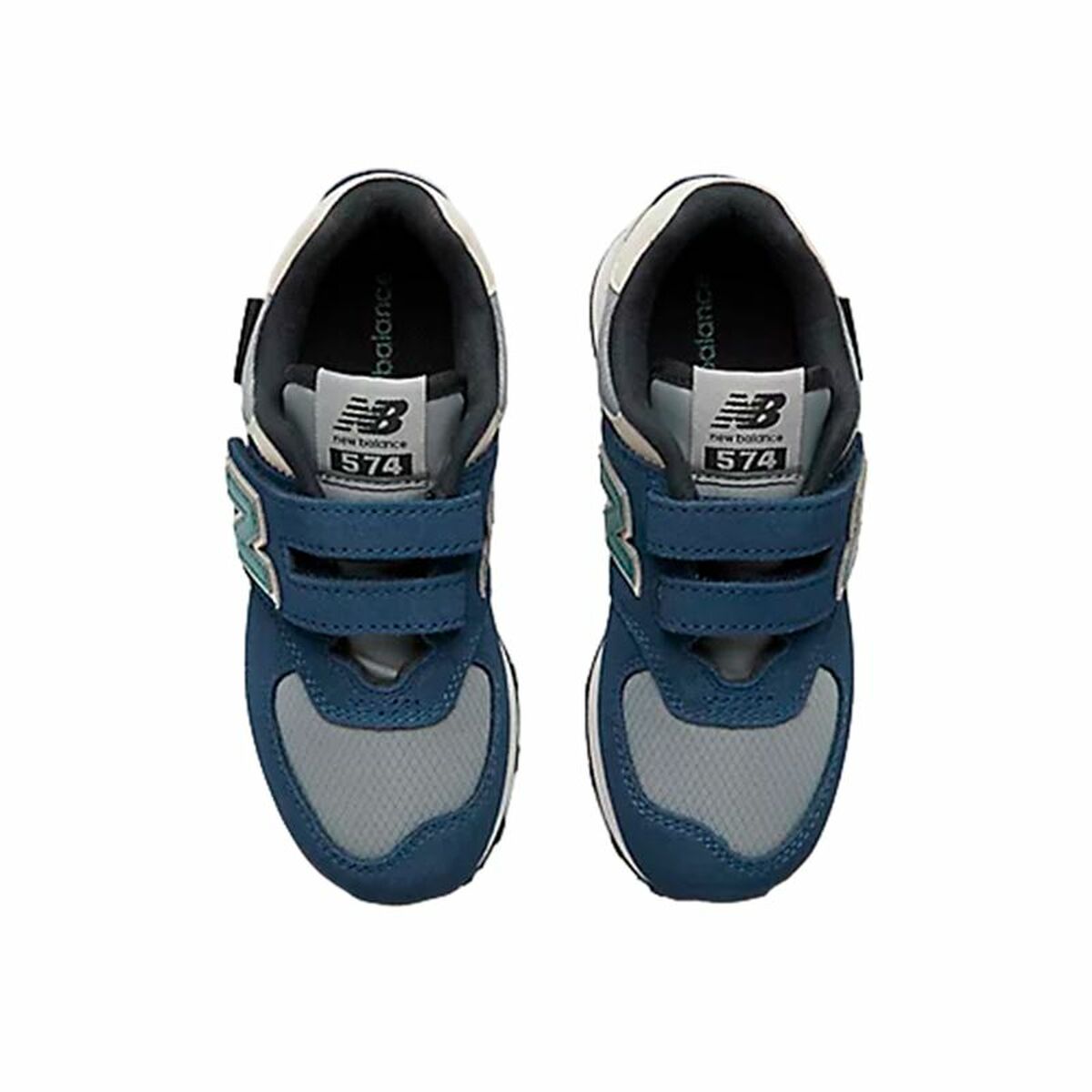 Pair of blue and gray sneakers with New Balance logo on a white background