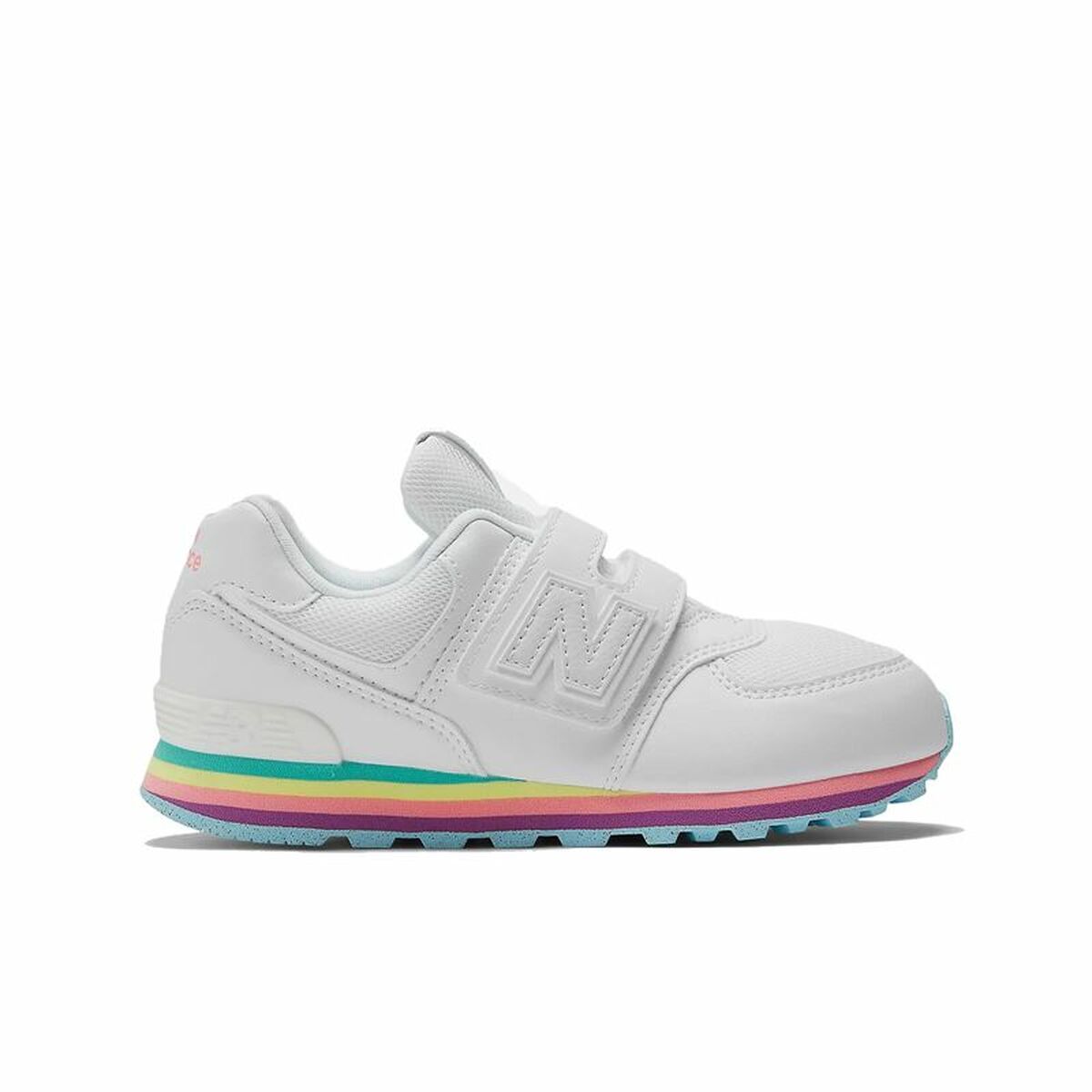 White sneaker with colorful sole on a white background