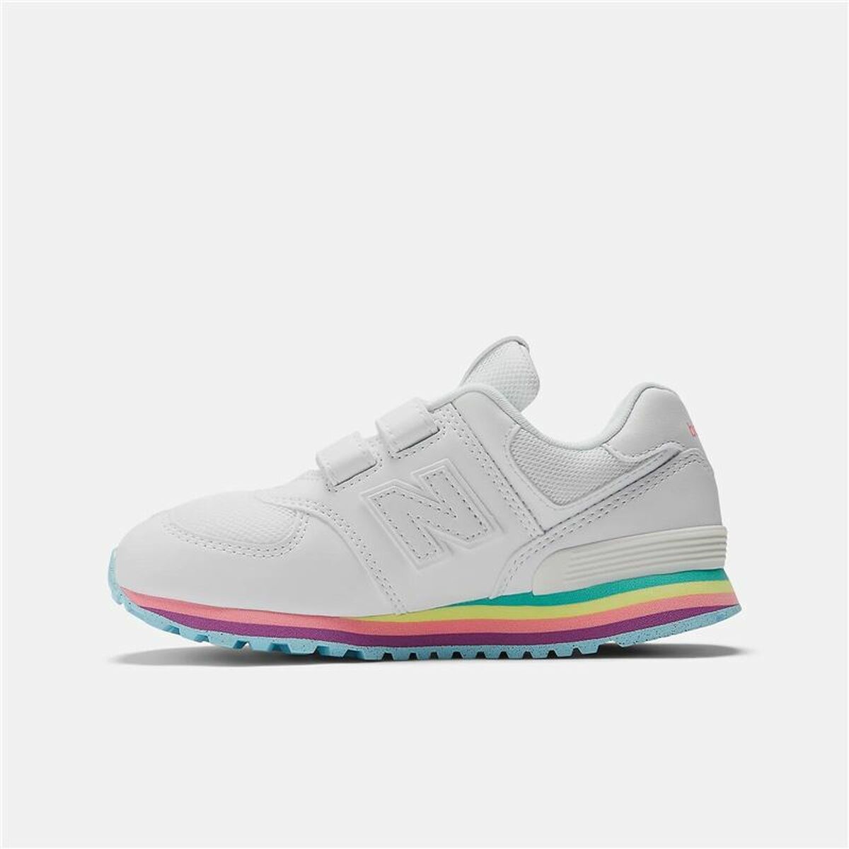 White sneaker with a colorful sole on a white background