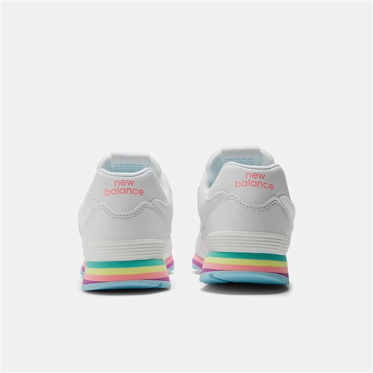 White New Balance sneakers with colorful stripes on a white background
