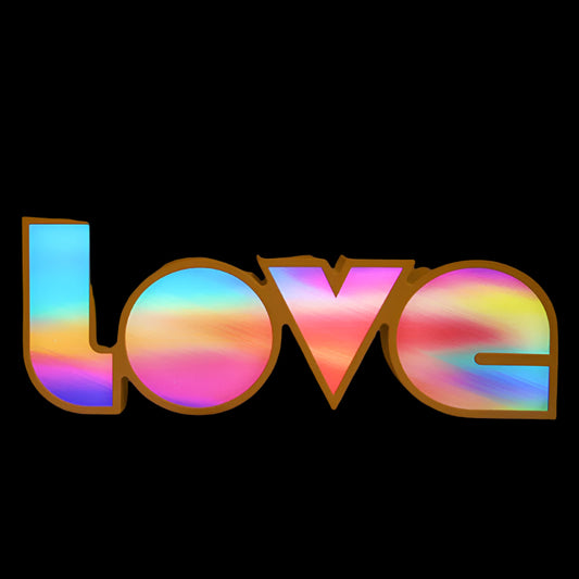 Colorful 'LOVE' sign on a wooden surface with a wooden panel background