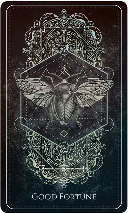 Decorative card with a moth illustration and 'Good Fortune' text on a dark background