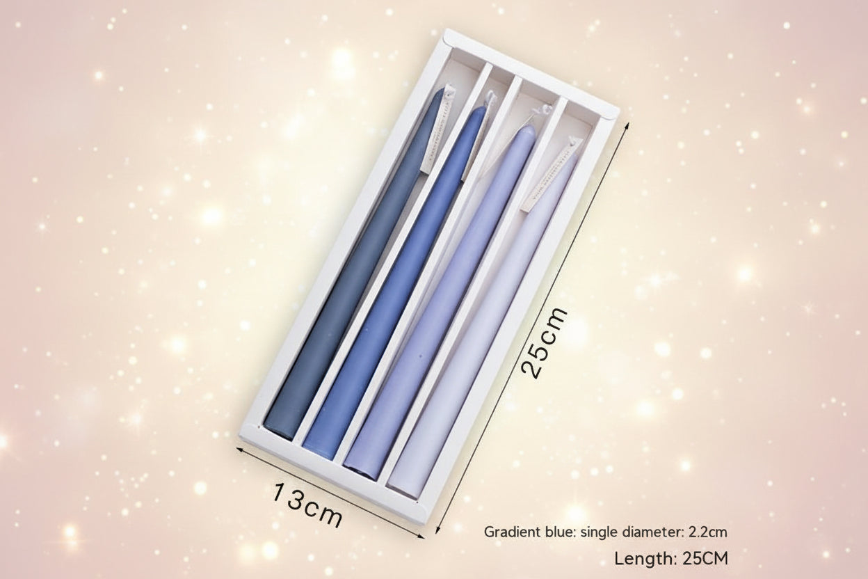 Set of gradient blue pens in a white box with measurements on a light gray background
