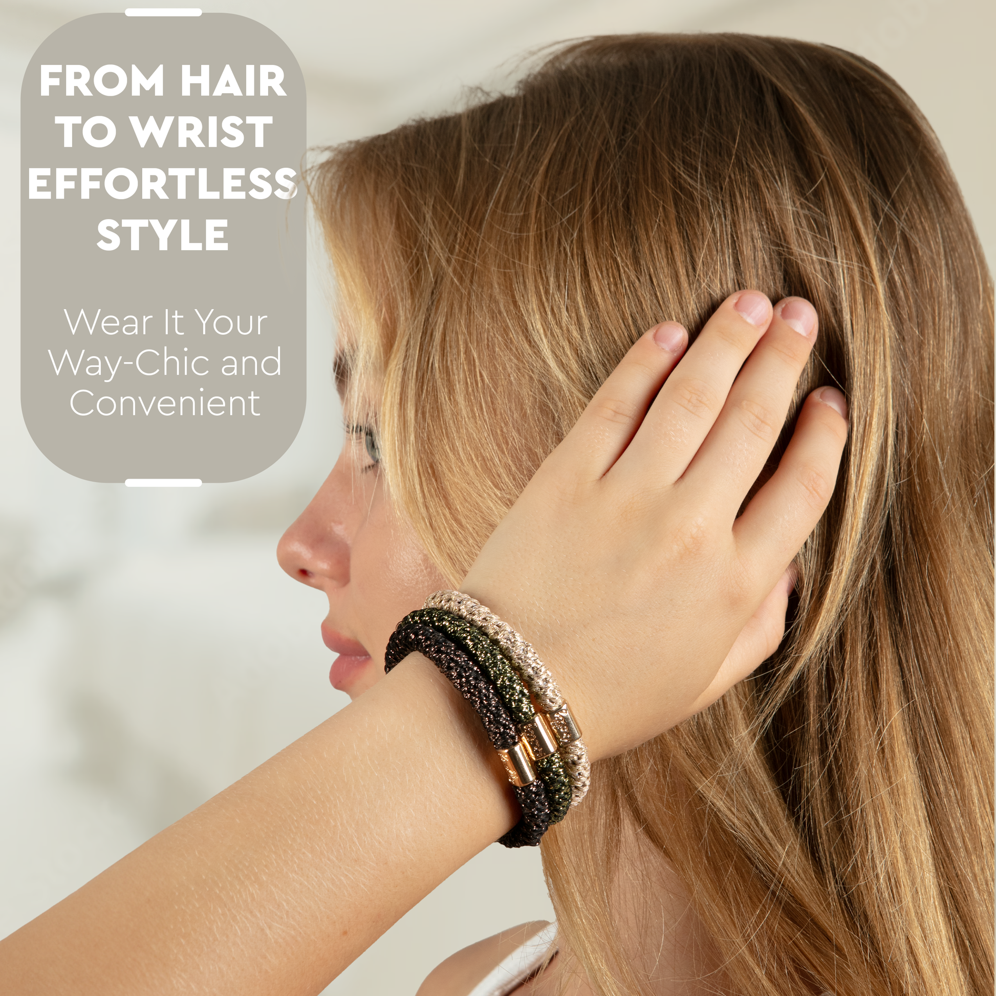 Woman with long blonde hair wearing a bracelet, with text about effortless style.