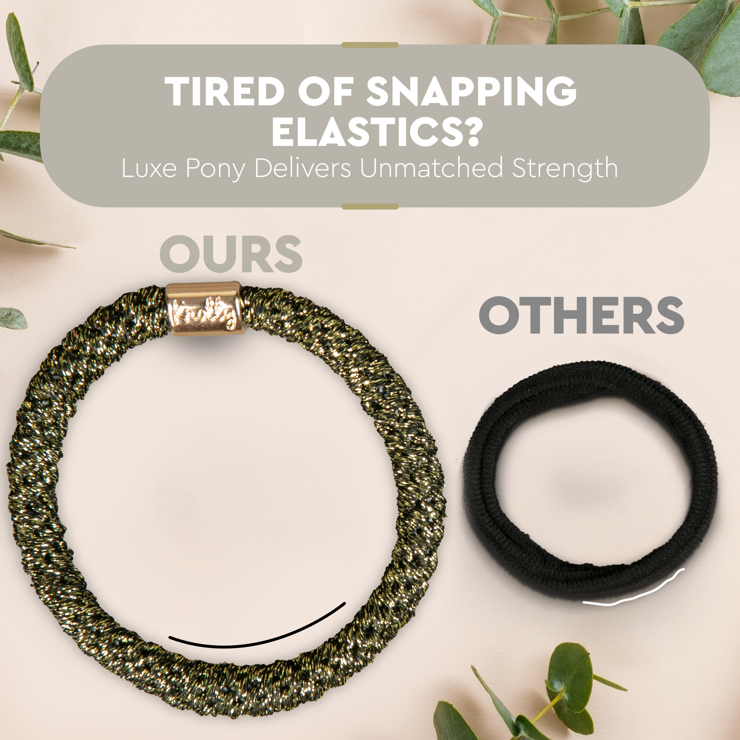 Comparison of a green hair elastic and a black hair elastic with text about strength and satisfaction.