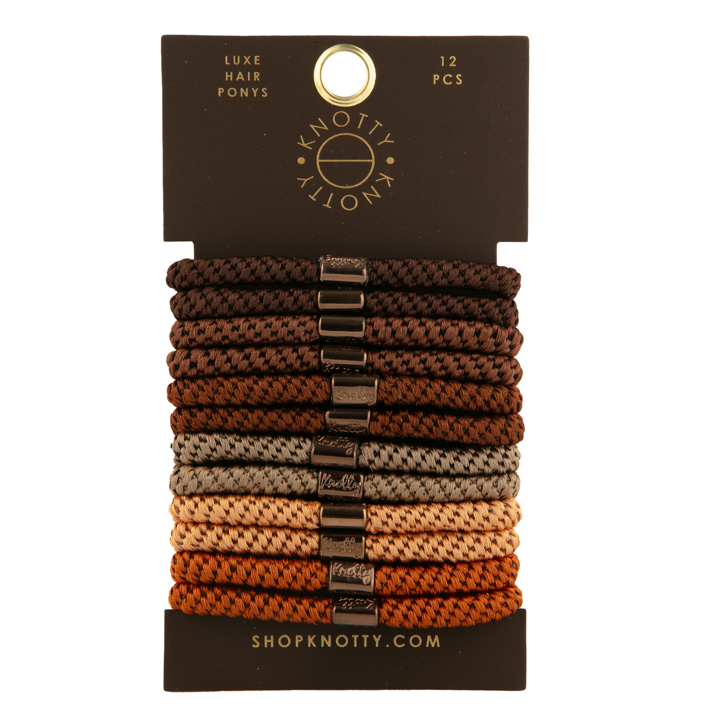 Set of brown hair ties on a black card with 'Knotty' branding.
