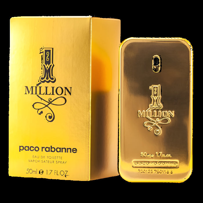 Gold bottle and packaging of Paco Rabanne 1 Million perfume on a white background