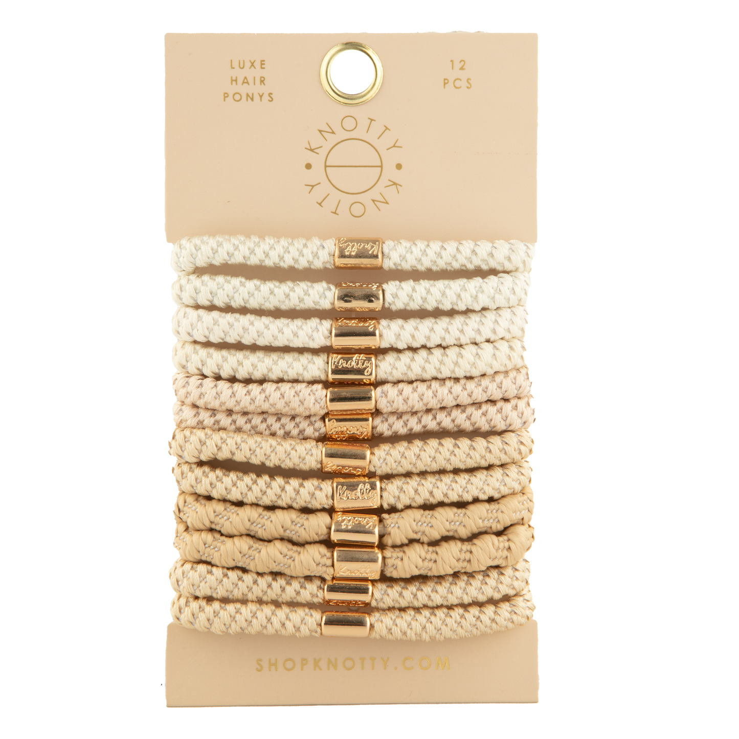 Pack of beige hair ties with gold ends on a beige card, featuring the brand 'Knotty'.