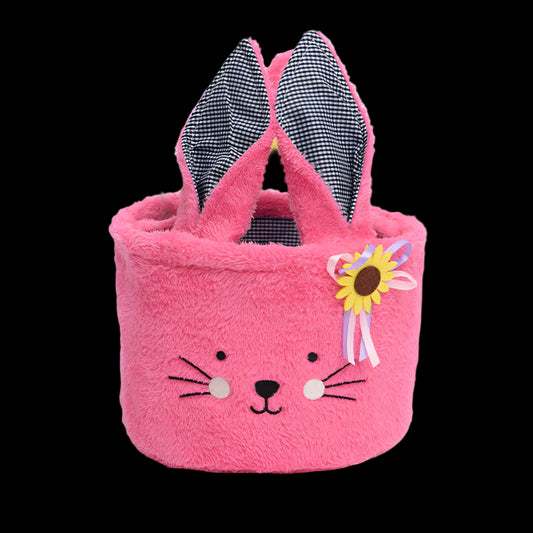 Pink bunny-shaped basket with checkered ears on a light purple background