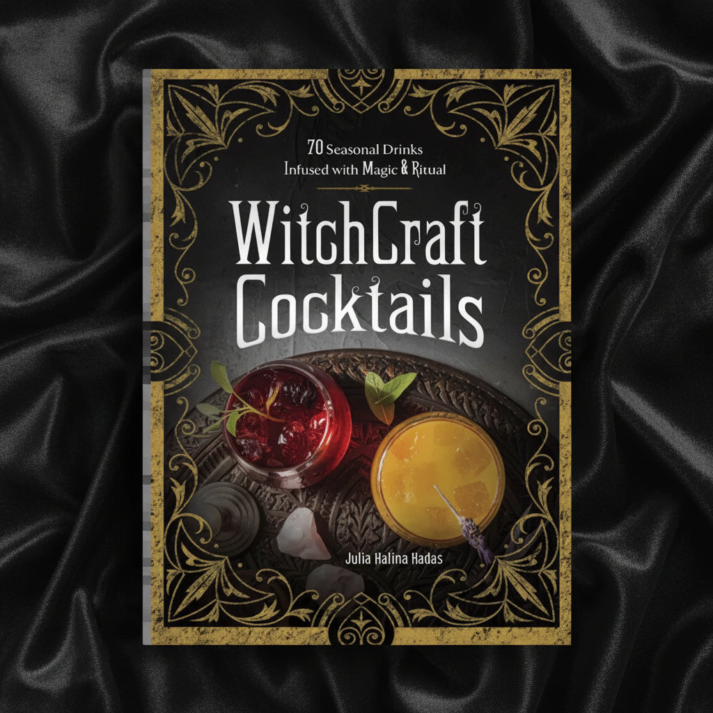 Book cover of 'WitchCraft Cocktails' with decorative gold and black border