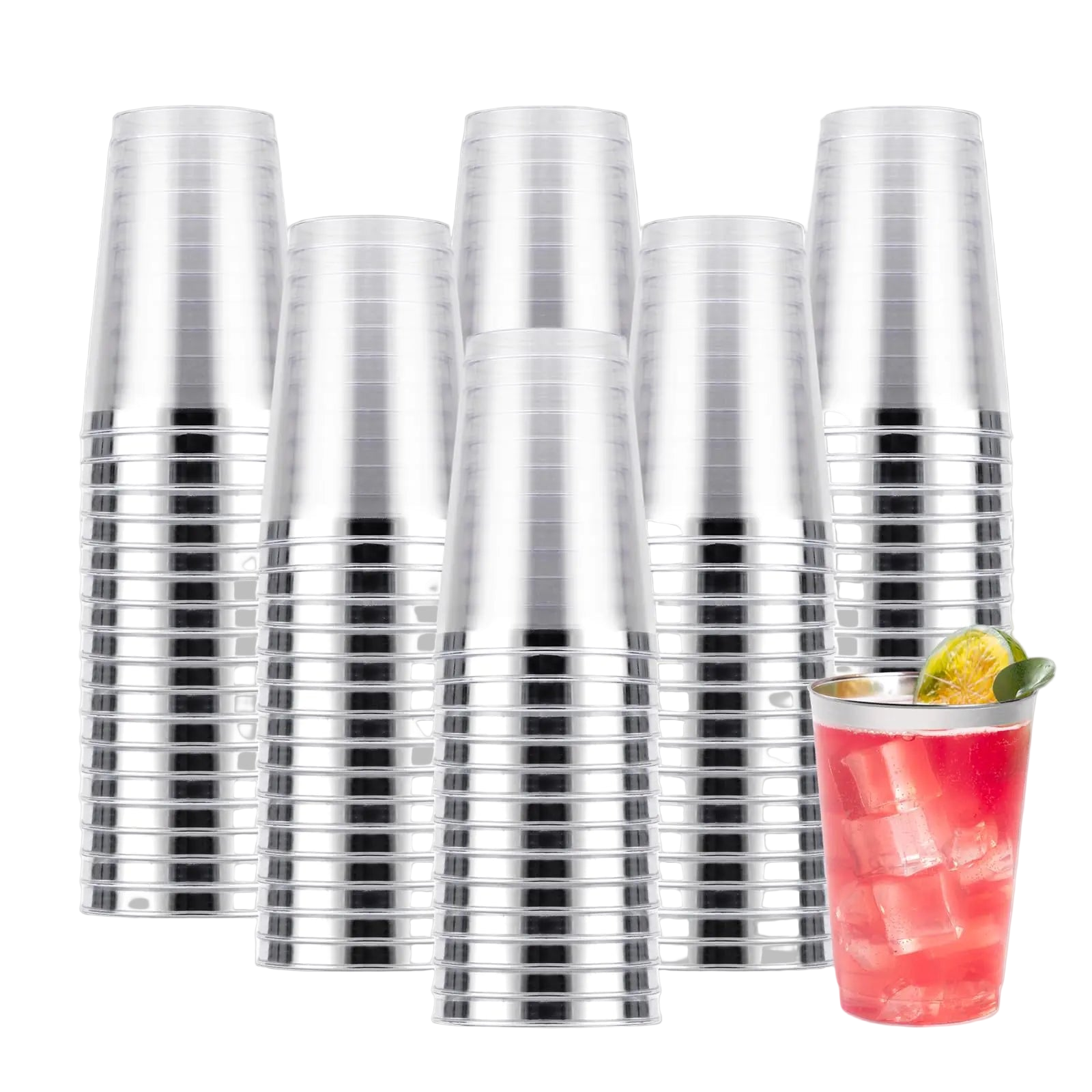 Stack of clear plastic cups with a cocktail in the foreground on a white background